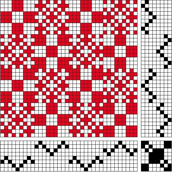 Afbrigði af sprangdregli og kóngulóarvefnaði á átta sköft og átta skammel. Inndráttar-, uppbindi- og stigmunstur