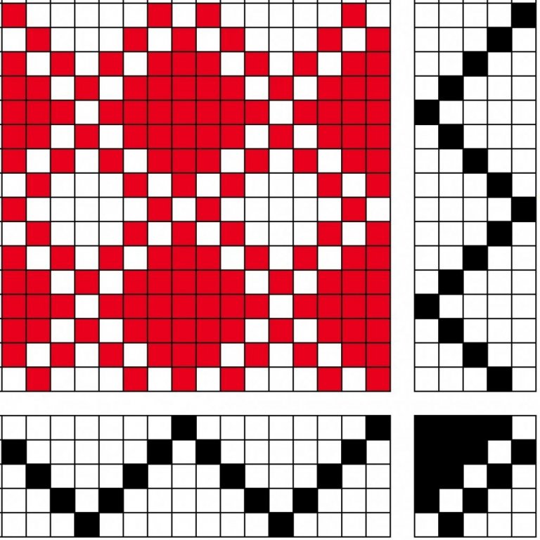 Grunnbindimunstur fyrir vöffluvefnað á fimm sköft og fimm skammel