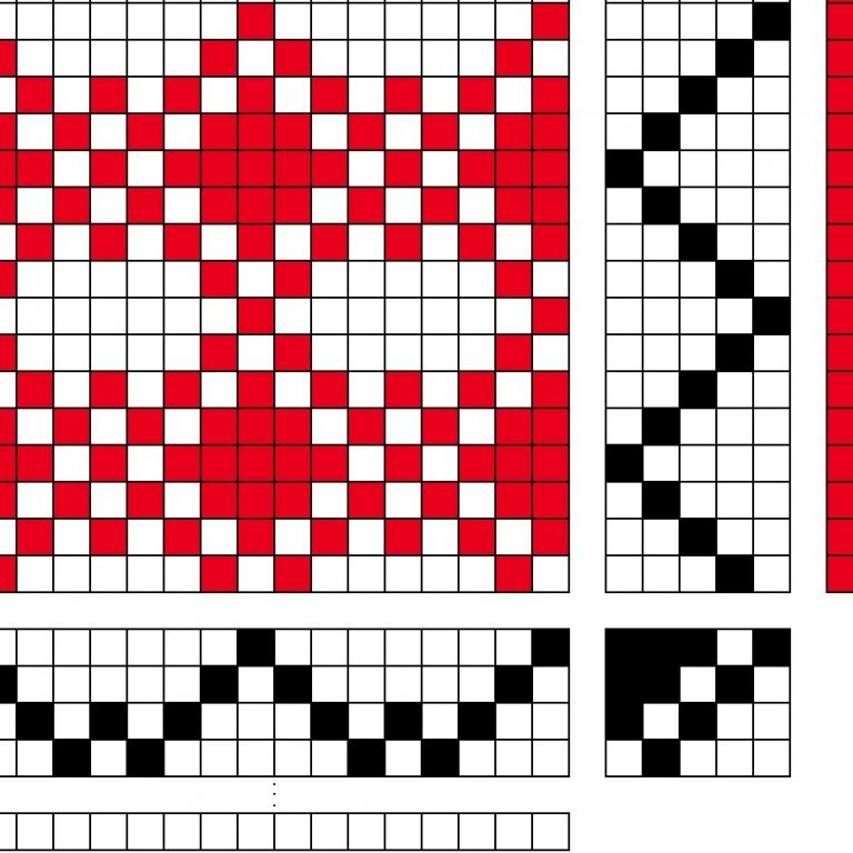 Grunnbindimunstur fyrir vöffluvefnað á fjögur sköft og fimm skammel. Inndráttur er eins og W en stig í odda