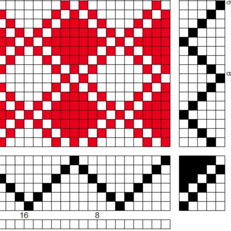 Grunnbindimunstur fyrir vöffluvefnað á sex sköft og fimm skammel