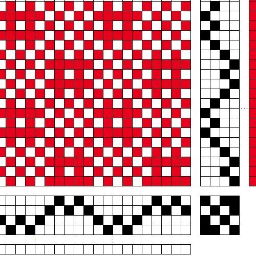 Grunnbindimunstur fyrir sprangdregil á fjögur sköft og fjögur skammel, bindipunktum fjölgað