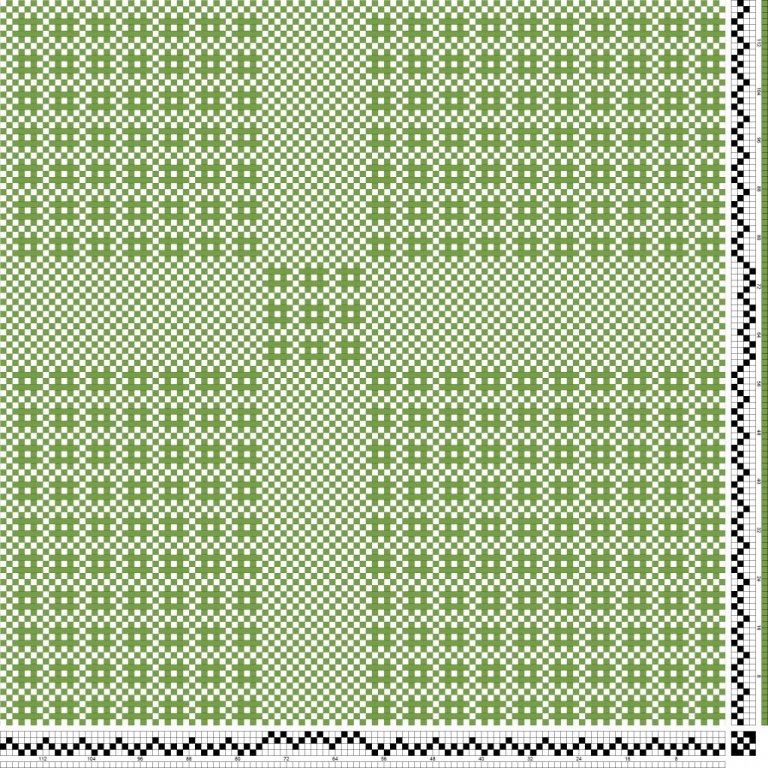 Bindimunstur fyrir kaflaskiptan sprangdregil á fjögur sköft og fjögur skammel. Bindipunktum fjölgað