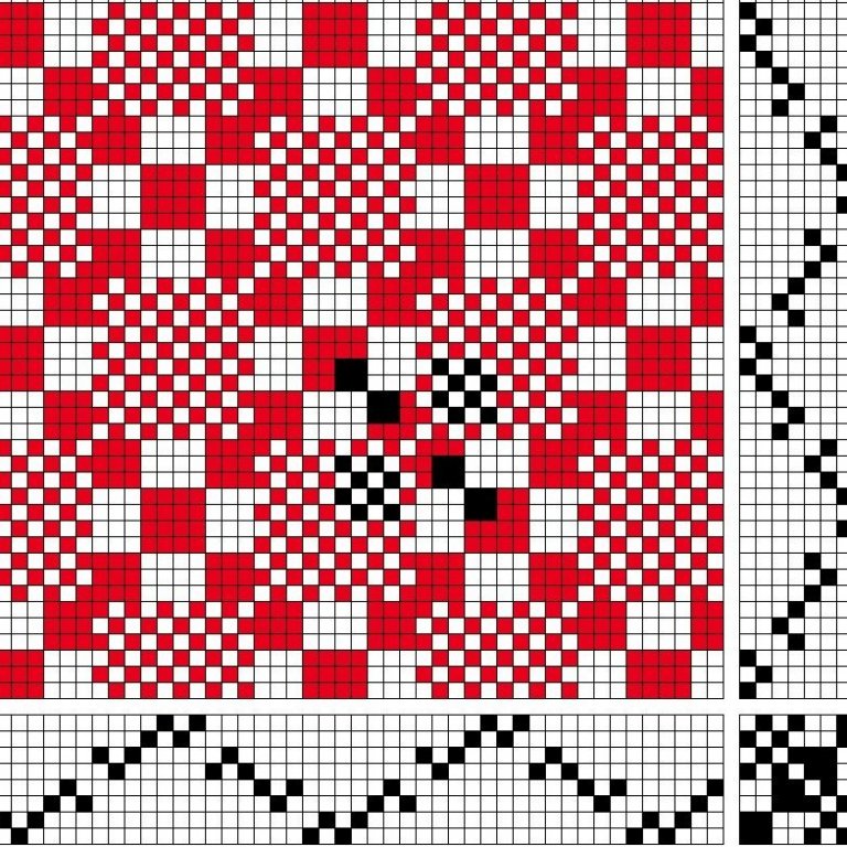 Afbrigði af sprangdregli á átta sköft og átta skammel. Inndráttar-, uppbindi- og stigmunstur en hér er stigmunstrið eins og inndráttarmunstrið