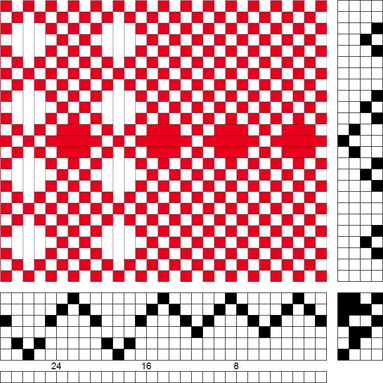 Grunnbindimunstur fyrir samsetta bindingu með vöffluvefnaði og einskeftu fléttað saman, á sex sköft og fjögur skammel