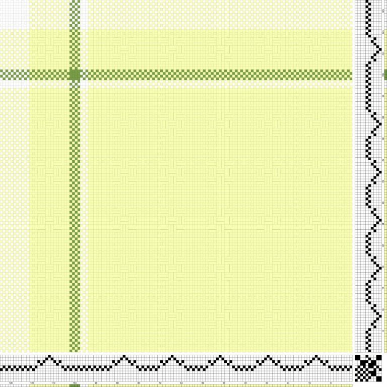 Bindimunstur og litamunstur fyrir flókinn sprangdregil á 10 sköft og 10 skammel fyrir t.d. dúk eða gardínur. Grunnbindimunstrið er hér næst á undan