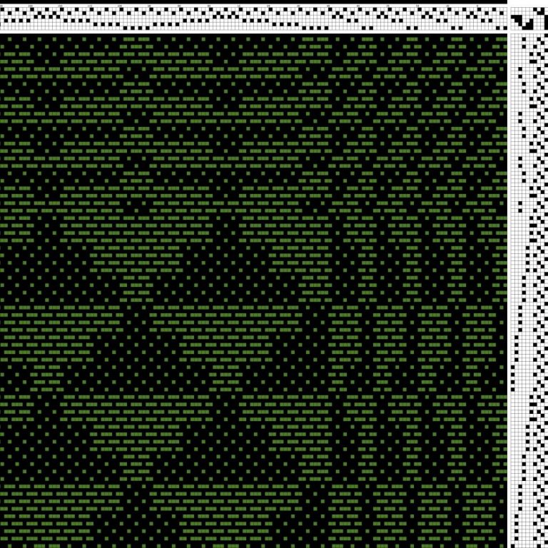 Color draft for self-patterned weave on 6 shafts and 10 treadles, 1 warp color, 2 alternating weft colors.