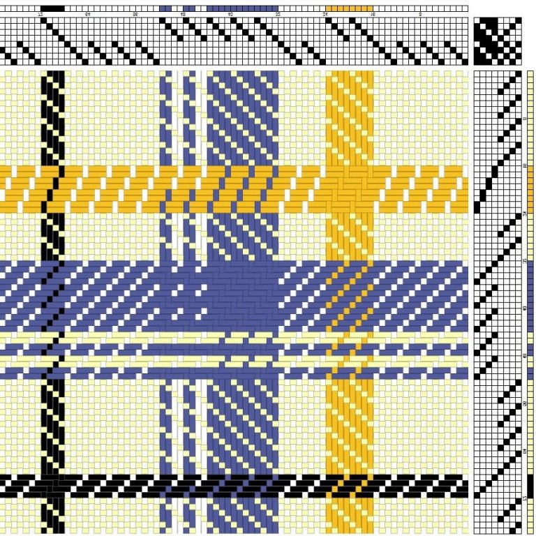 Color draft for block-reversed self-patterned weave on 8 shafts and 8 treadles.
