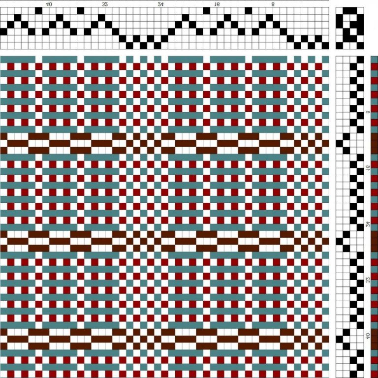 Color draft for vertically striped self-patterned weave on 6 shafts and 4 treadles.