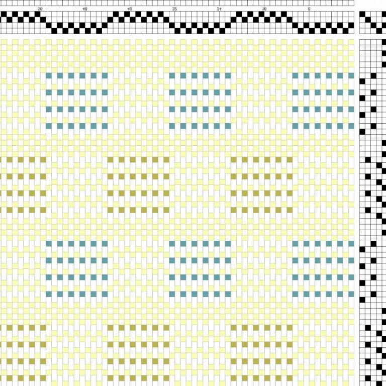 Color draft for tabby weave with pattern blocks on 4 shafts and 6 treadles.