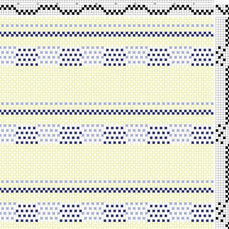 Color draft for tabby weave with pattern blocks on 4 shafts and 6 treadles.