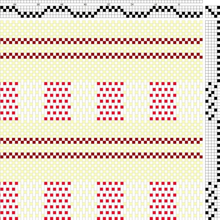 Color draft for tabby weave with pattern blocks on 4 shafts and 6 treadles.