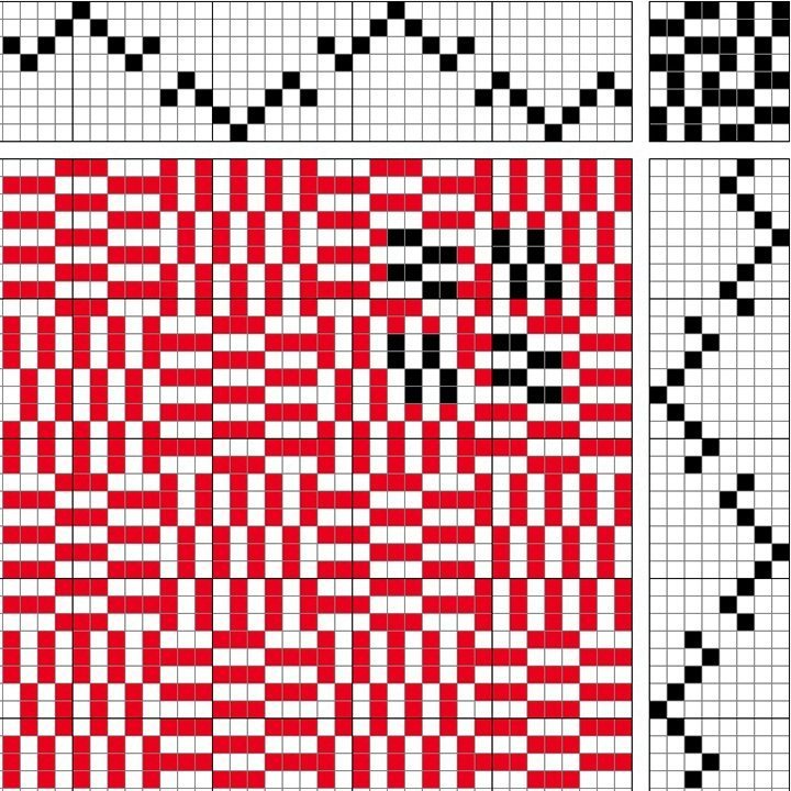 Block-reversed self-patterned weave on 8 shafts and 8 treadles. In this structure the threading and the treadling are the same.