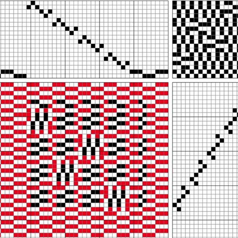 Complex self-patterned weave on 18 shafts and 18 treadles. In this small-patterned structure the threading and the treadling are the same.