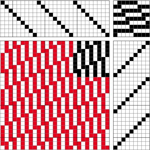 Self-patterned weave, expanded satin, on 9 shafts and 9 treadles.