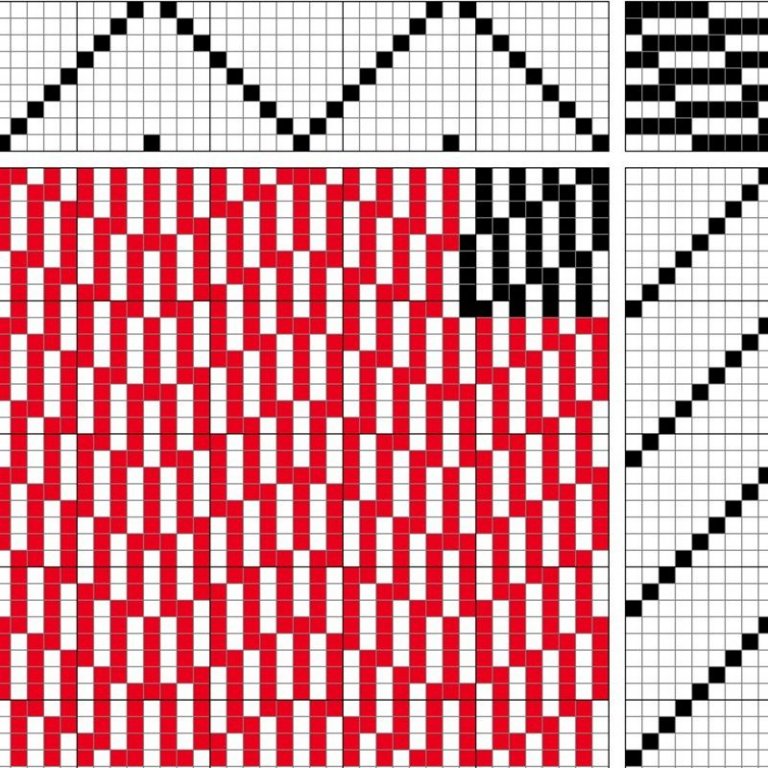 Self-patterned weave, expanded satin, on 9 shafts and 9 treadles. Reverse repeat threading and straight treadling.