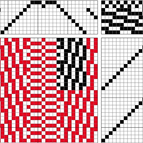 Vertically striped self-patterned weave on 9 shafts and 14 treadles.