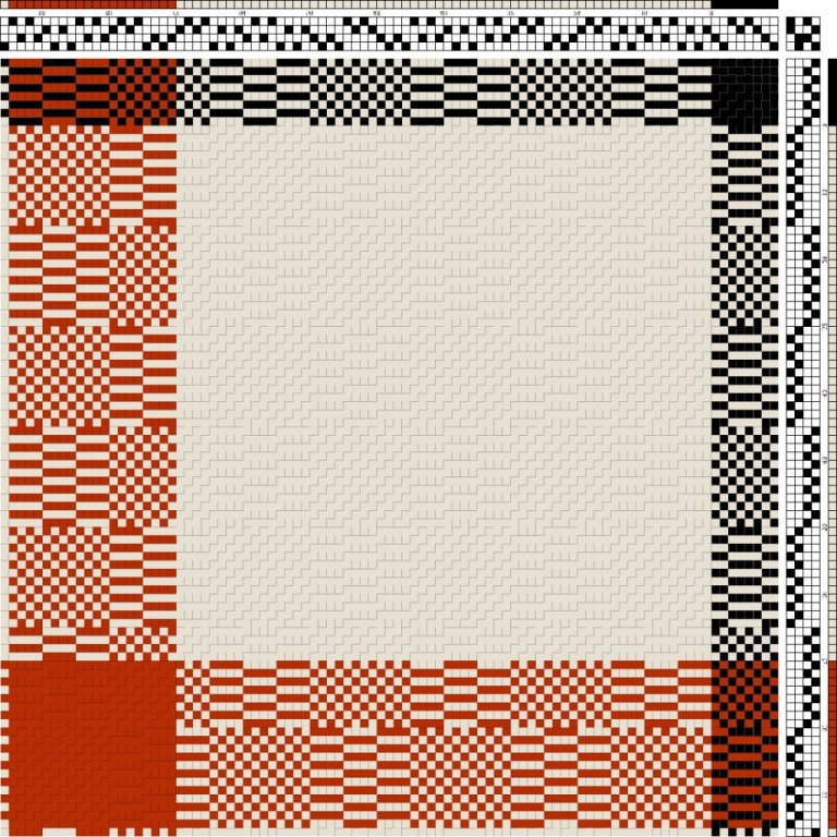 Color draft for self-patterned weave on 4 shafts and 4 treadles. Small-patterned structure of plain weave and 2/2 twill.