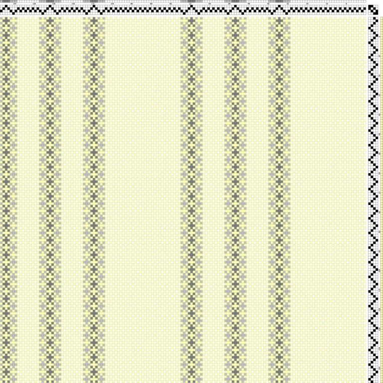 Color draft for vertically striped self-patterned weave on 4 shafts and 4 treadles. Suitable for curtains.