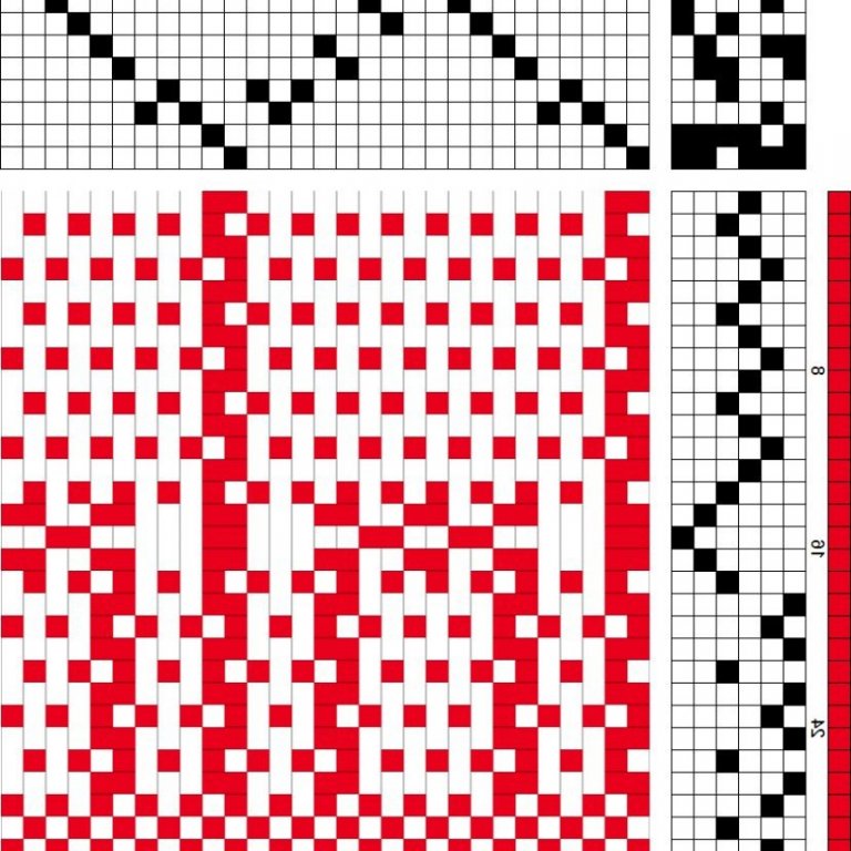 Self-patterned weave on 10 shafts and 6 treadles. Intended for curtains.