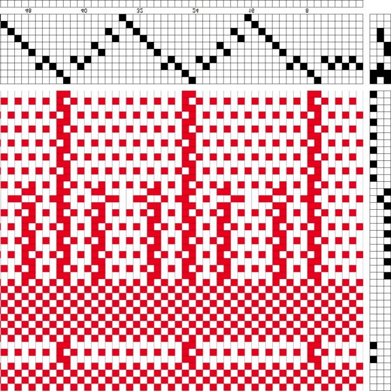 Self-patterned weave on 10 shafts and 5 treadles. Intended for curtains.