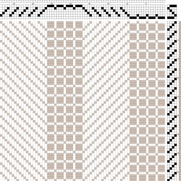Color draft for vertically striped self-patterned weave on 6 shafts and 4 treadles. Intended for curtains.