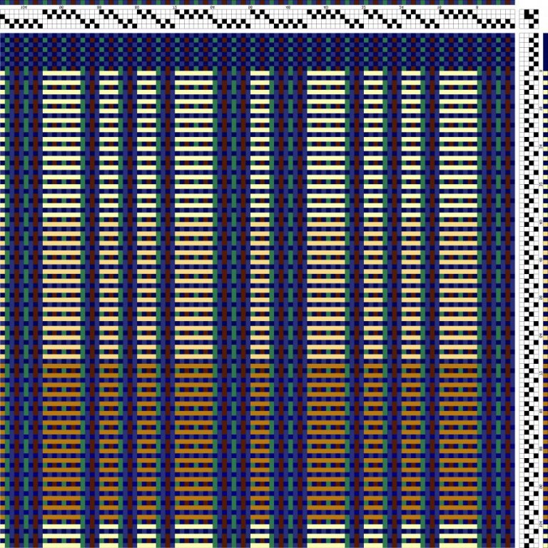 Color draft for self-patterned weave on 4 shafts and 3 treadles.