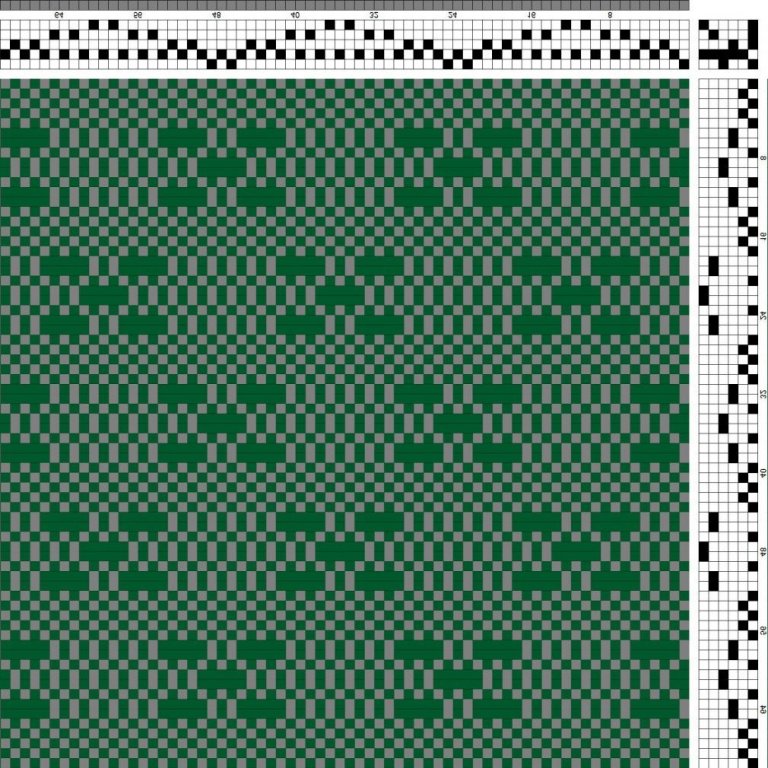 Color draft for self-patterned weave on 5 shafts and 6 treadles.