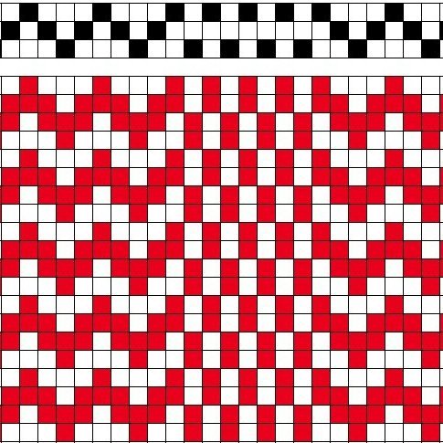 Self-patterned weave, chevron twill and plain weave, on 3 shafts and 4 treadles, with vertical stripes.