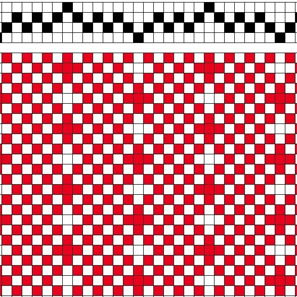 Self-patterned weave on 4 shafts and 4 treadles. Structure with vertical stripes of plain weave and 2/2 twill.
