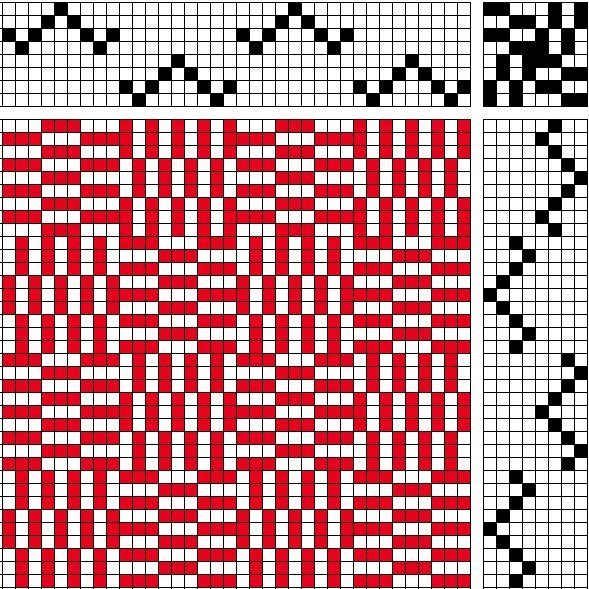 Block-reversed self-patterned weave on 8 shafts and 8 treadles. Small-patterned structure with identical threading and treadling patterns.