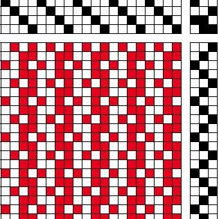 Self-patterned weave on 4 shafts and 3 treadles, with a vertical structure and reverse repeat treadling.