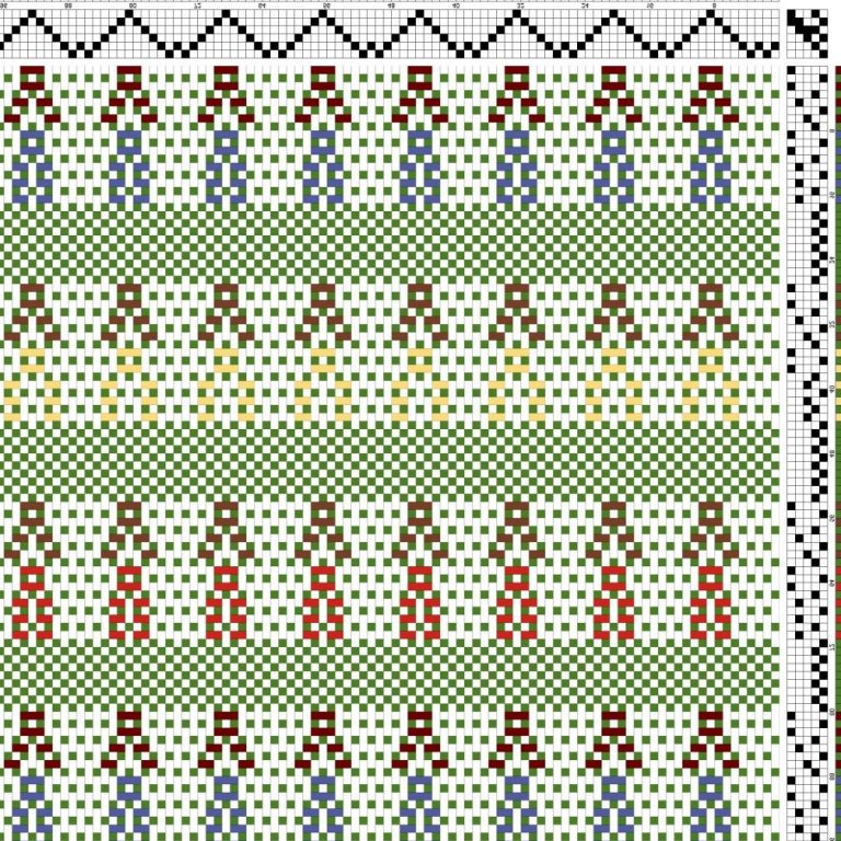 Color draft for self-patterned weave on 4 shafts and 3 treadles.