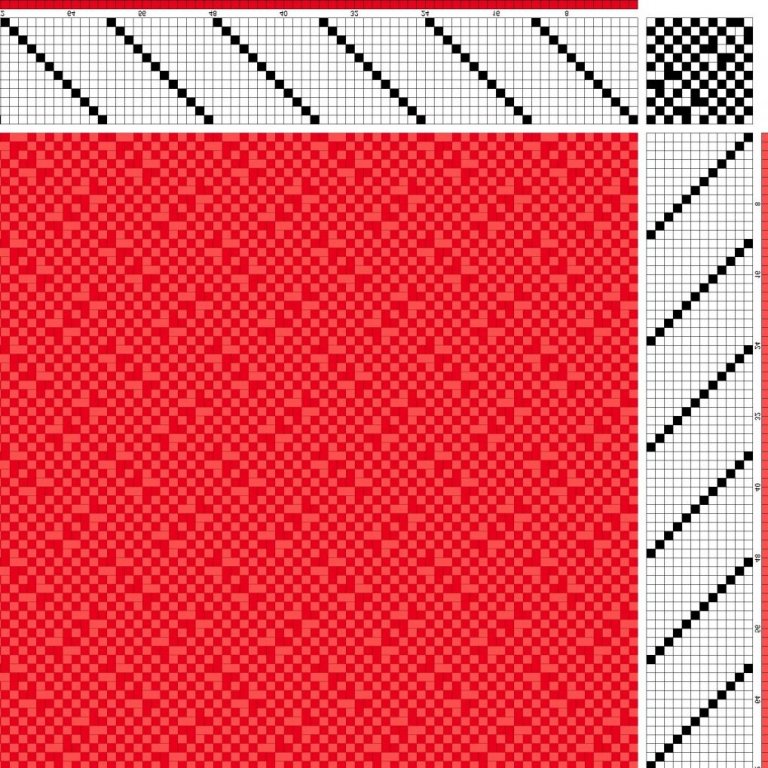 Color draft for self-patterned weave on 12 shafts and 12 treadles.