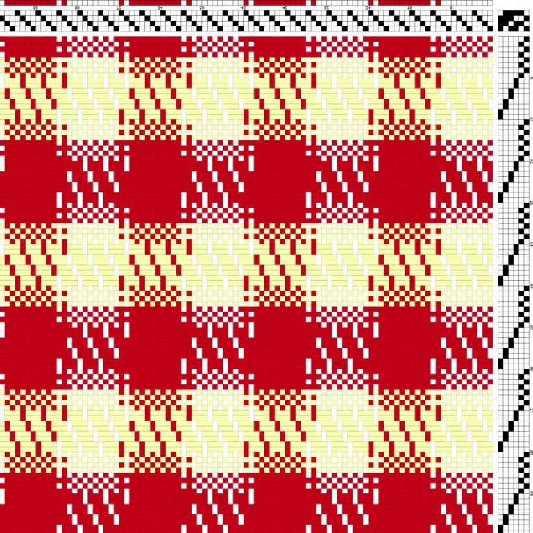 Color draft for self-patterned weave on 4 shafts and 6 treadles.