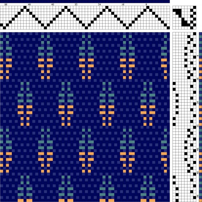 Color draft for self-patterned weave on 8 shafts and 8 treadles.