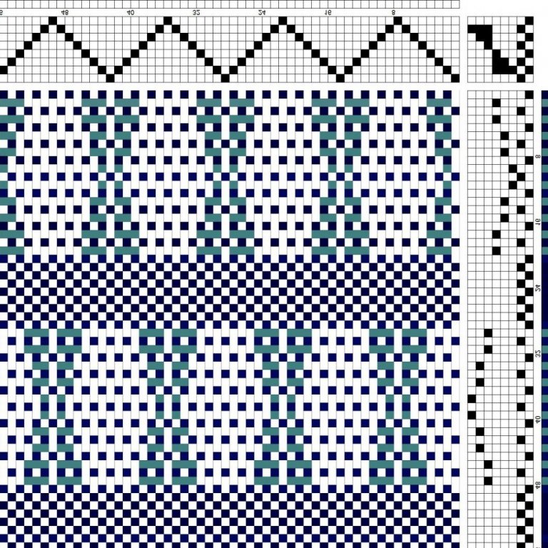 Color draft for self-patterned weave on 8 shafts and 8 treadles.