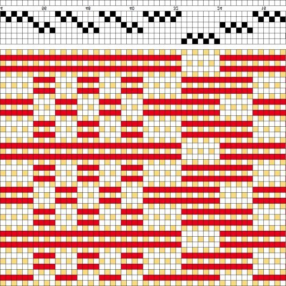 Color draft for self-patterned weave on 6 shafts and 5 treadles. This is one pattern repeat of the previous draft.