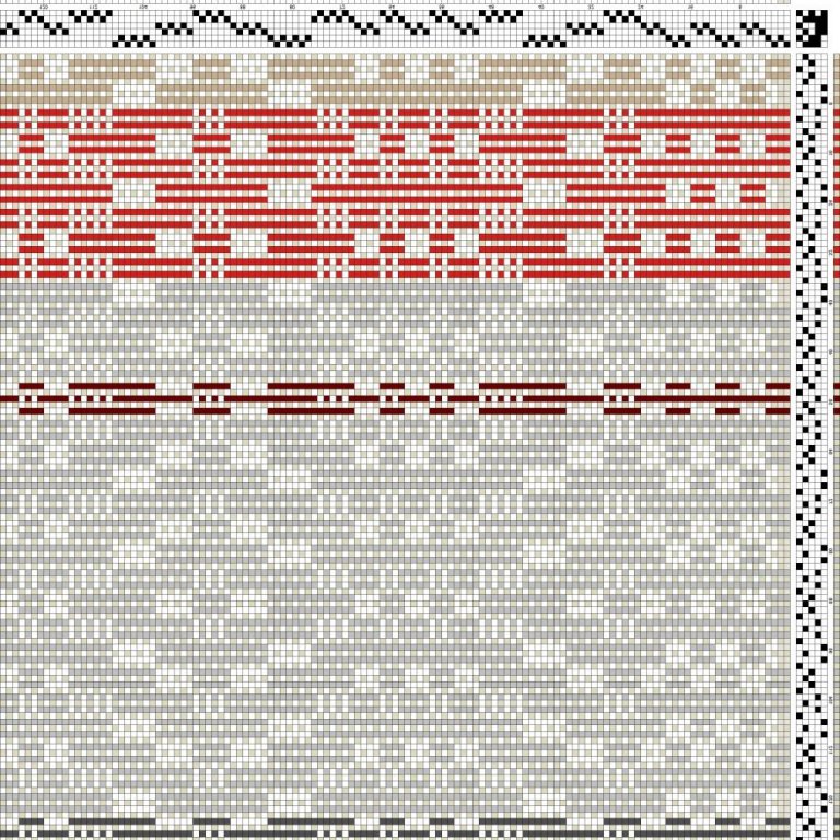 Color draft for self-patterned weave on 6 shafts and 5 treadles. Two pattern repeats in the threading and one pattern repeat in the treadling.
