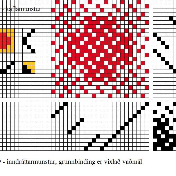 Grunnbindimunstur fyrir víxlað, kaflaskipt vaðmál. Samsett litamunstur hér næst á eftir