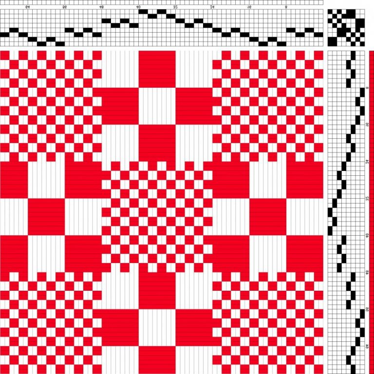Self-patterned tabby (sprang) with a doubled up warp and weft on 8 shafts and 8 treadles.