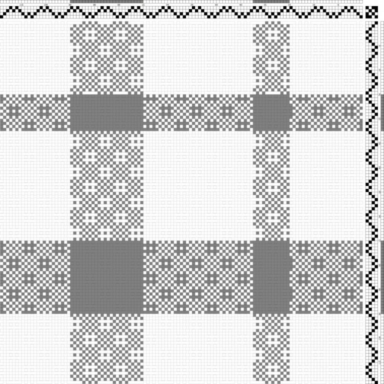 Color draft for self-patterned tabby (sprang) on 4 shafts and 4 treadles, color bands in warp and weft.