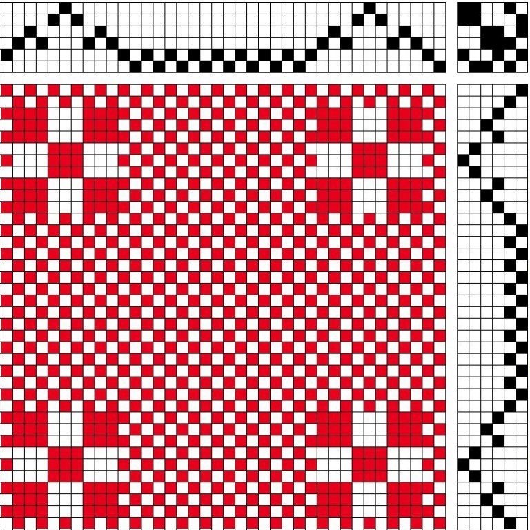 Self-patterned tabby (sprang) woven on 6 shafts and 6 treadles. The first two heddle shafts and the fist two treadles are for tabby weave which is woven between the sprang blocks which require two shafts per block.