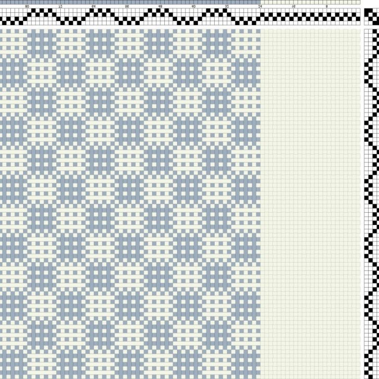 Color draft for vertically striped fabric in 2 colors on 4 shafts and 4 treadles in self-patterned tabby (sprang) and plain weave.