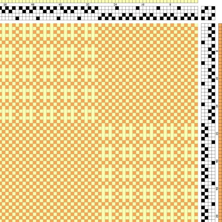Color draft for block-reversed self-patterned tabby (sprang) with plain weave in between on 4 shafts and 4 treadles.