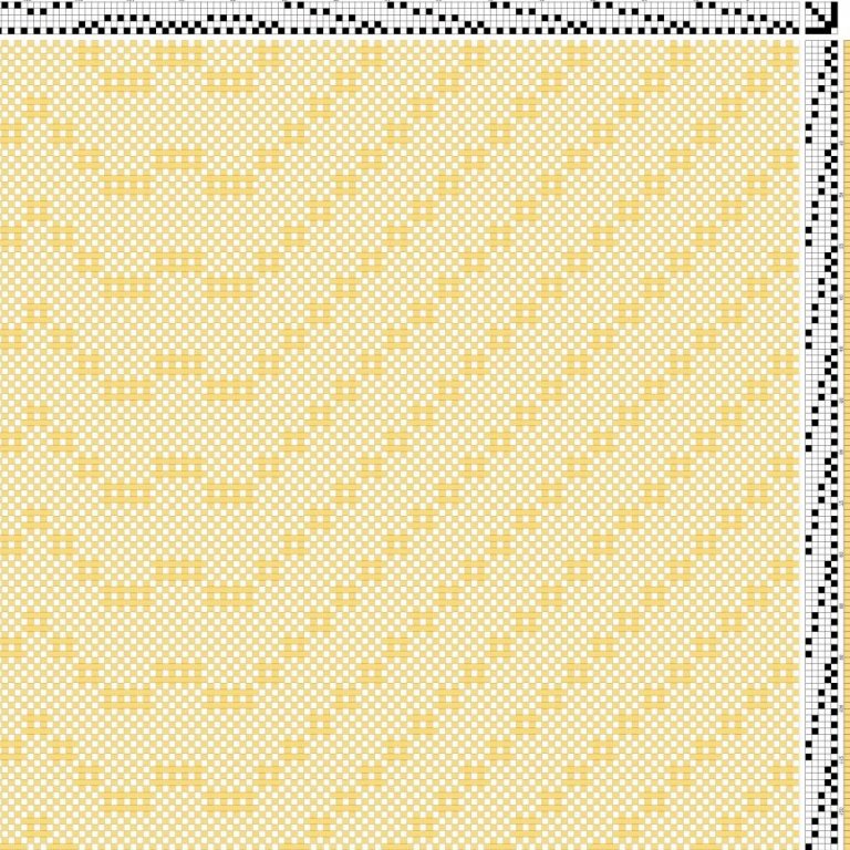 Color draft for 4-block self-patterned tabby (sprang) on 5 shafts and 5 treadles.