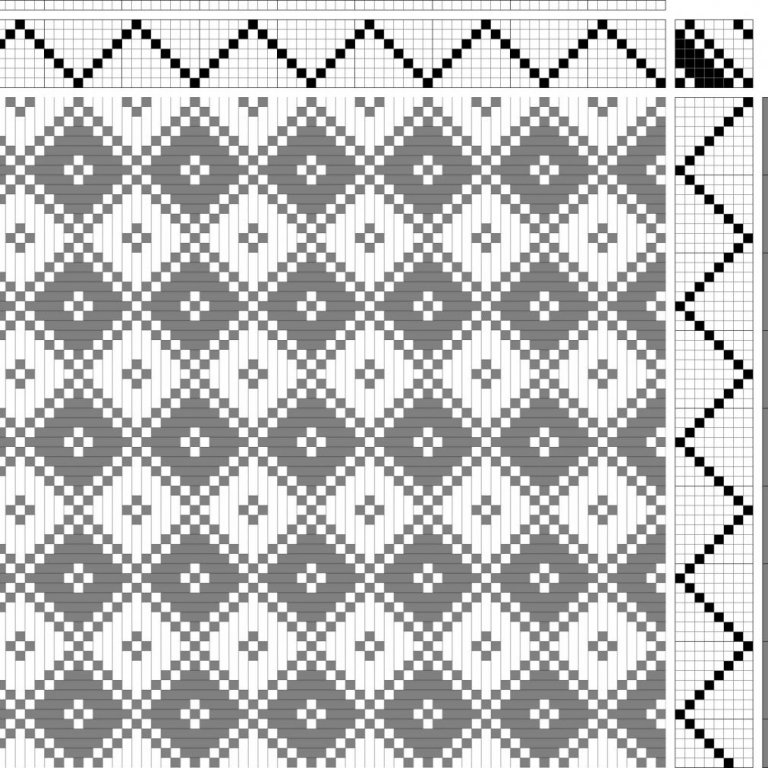 Color draft for a variation of waffle weave on 7 shafts and 8 treadles. The binding points have been moved to create a different structure.