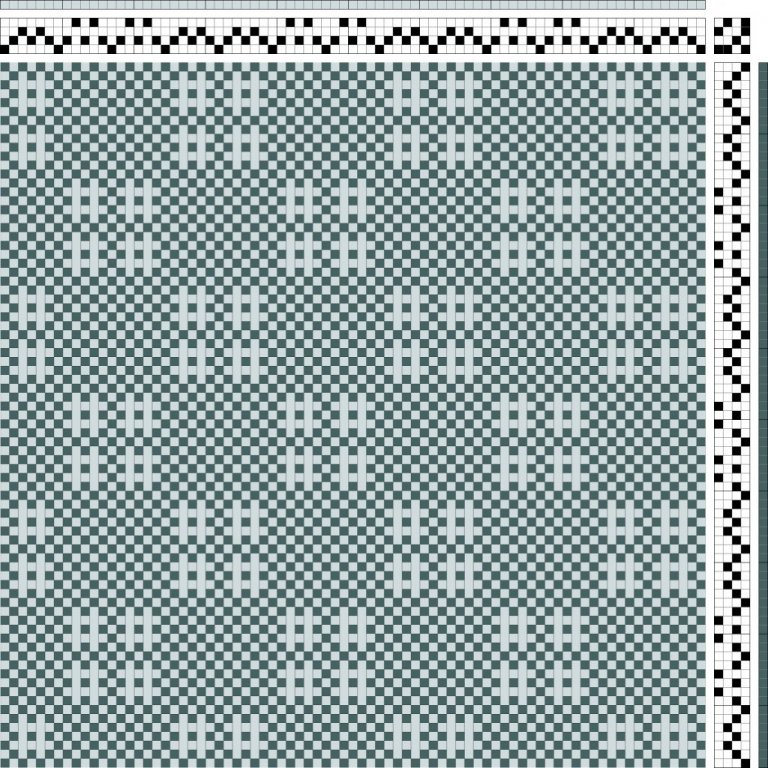 Color draft for self-patterned tabby (sprang), e.g. for curtains, on 4 shafts and 4 treadles in 2 colors (1 warp color and 1 weft color).