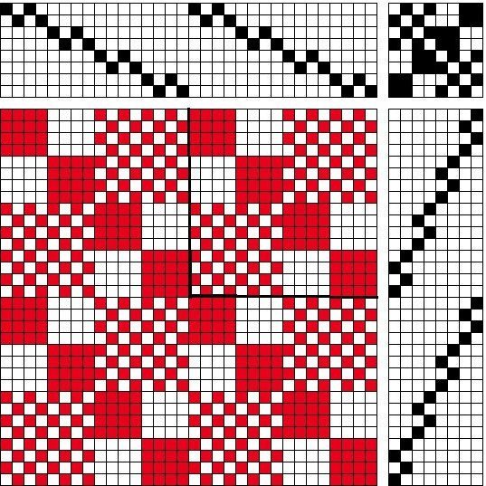 Self-patterned tabby (sprang) and plain weave on 8 shafts and 8 treadles.