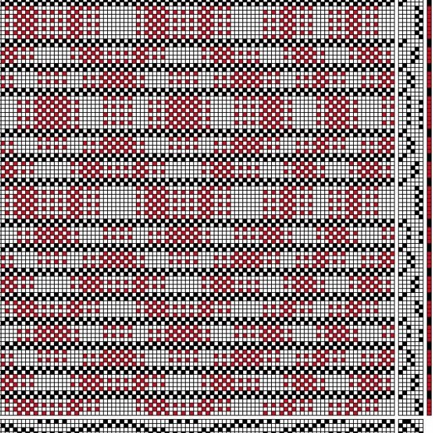 Color draft for block-reversed hulpiket (honeycomb) on 4 shafts and 6 treadles. The same threading system is used for daldrall (overshot).
