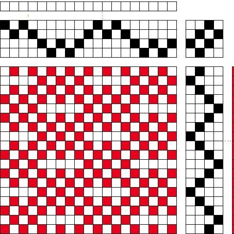 Self-patterned tabby (sprang) on 4 shafts and 4 treadles, with reduced binding points.